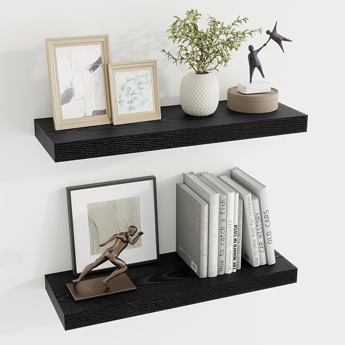 Dreamland 24Inch Black Floating Shelves 6.7" Deep Wall Mounted Set of 2 | Wall shelves for bathroom, bedroom, kitchen, deep wall mount wood storage display for home decor 24" x 6.7"