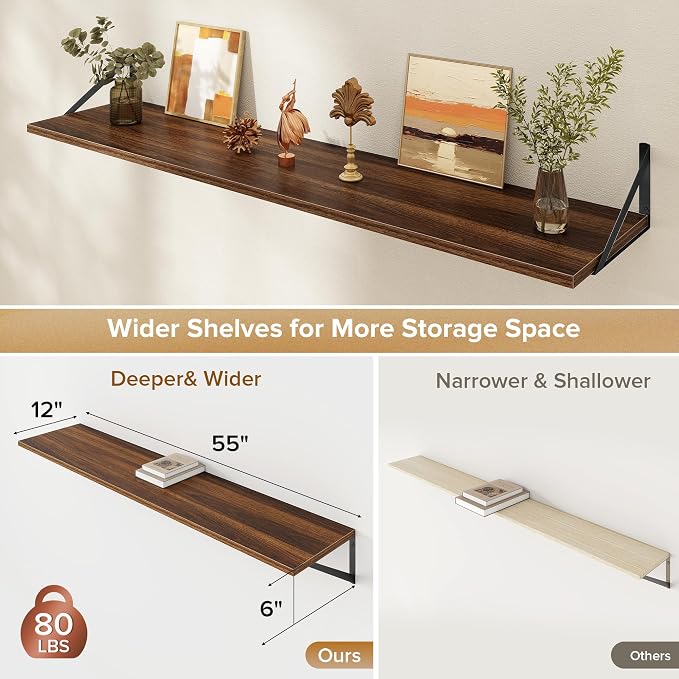 Acovy Deep Floating Shelves Wall Mounted, 55"x12" Walnut Wall Shelves with Brackets Set of 2 for Bedroom, Living Room, Bathroom, Kitchen, Office - Storage & Display Shelf for Decor, Books, Plants
