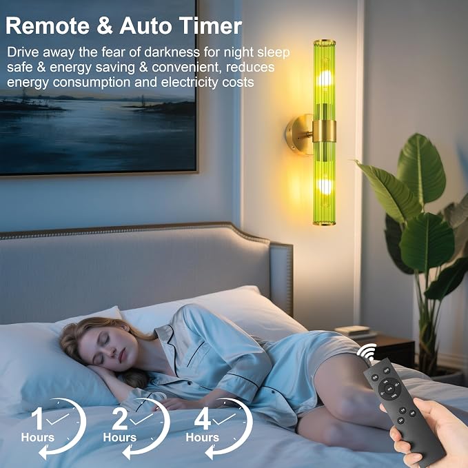 Morauroral Gold Battery Operated Wall Sconces Set of 2, Rechargeable Wall Lights with Remote Control, 20 Inch Modern Wireless Wall Lamp for Bedroom, Living Room with Green Shade (Bulbs Included)