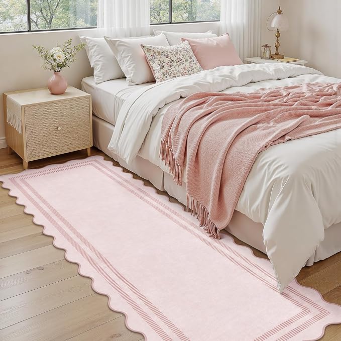 Pink Runner Rug 2.6x8 Kitchen Hallway Scalloped Rugs, Non Skid Stain-Resistant Indoor Washable Rug Soft Entryway Carpet Runner for Bathroom Laundry Room