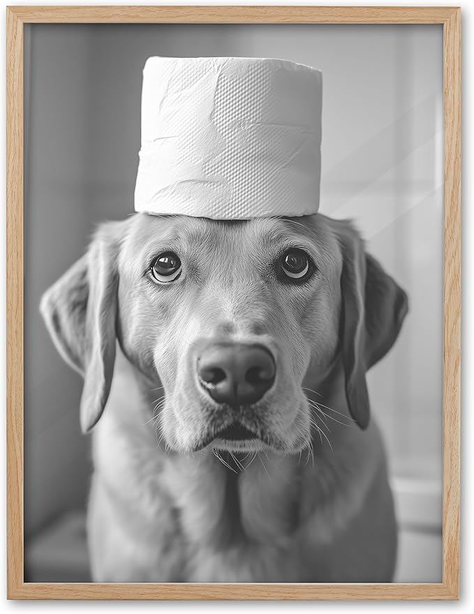 UPWOIGH Funny Labrador Retriever Dog Oak Framed Canvas Wall Art, 12x16 in Black and White Bathroom Humor Print, Modern Minimalist Poster Wall Decor for Restroom or Washroom, 1Pack Gift Idea