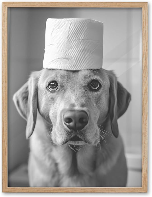 UPWOIGH Funny Labrador Retriever Dog Oak Framed Canvas Wall Art, 12x16 in Black and White Bathroom Humor Print, Modern Minimalist Poster Wall Decor for Restroom or Washroom, 1Pack Gift Idea