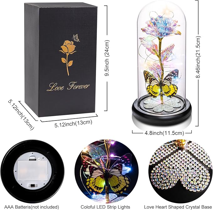 Mothers Day Rose Gifts for Mom Birthday Gift for Women Galaxy Glass Rose in Glass Dome Forever Eternal Crystal Roses with Butterfly Mother's Day Flowers Gifts for Wife Daughter Grandma Sister Colorful