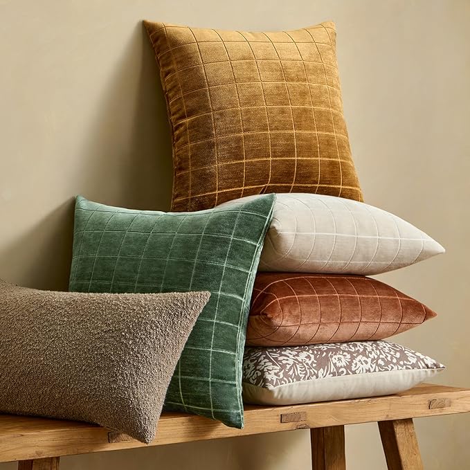 MIULEE Decorative Chenille Check Throw Pillow Covers Vintage Plaid Couch Pillows 20x20 Inch Set of 2 Neutral Boho Cushion Covers Modern Spring Home Decor for Sofa Bed Living Room Moss Green