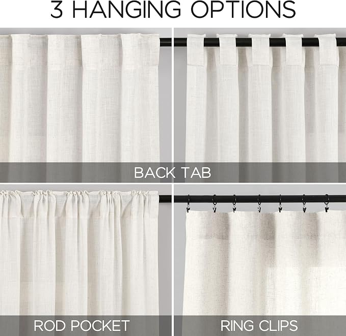 Beige White Linen Curtains for Living Room Extra Long 110 Inches Long Back Tab Light Filtering Semi Sheer Curtain Farmhouse Decor Floor to Ceiling High Window for Bedroom Office 52x110, 2 Panels