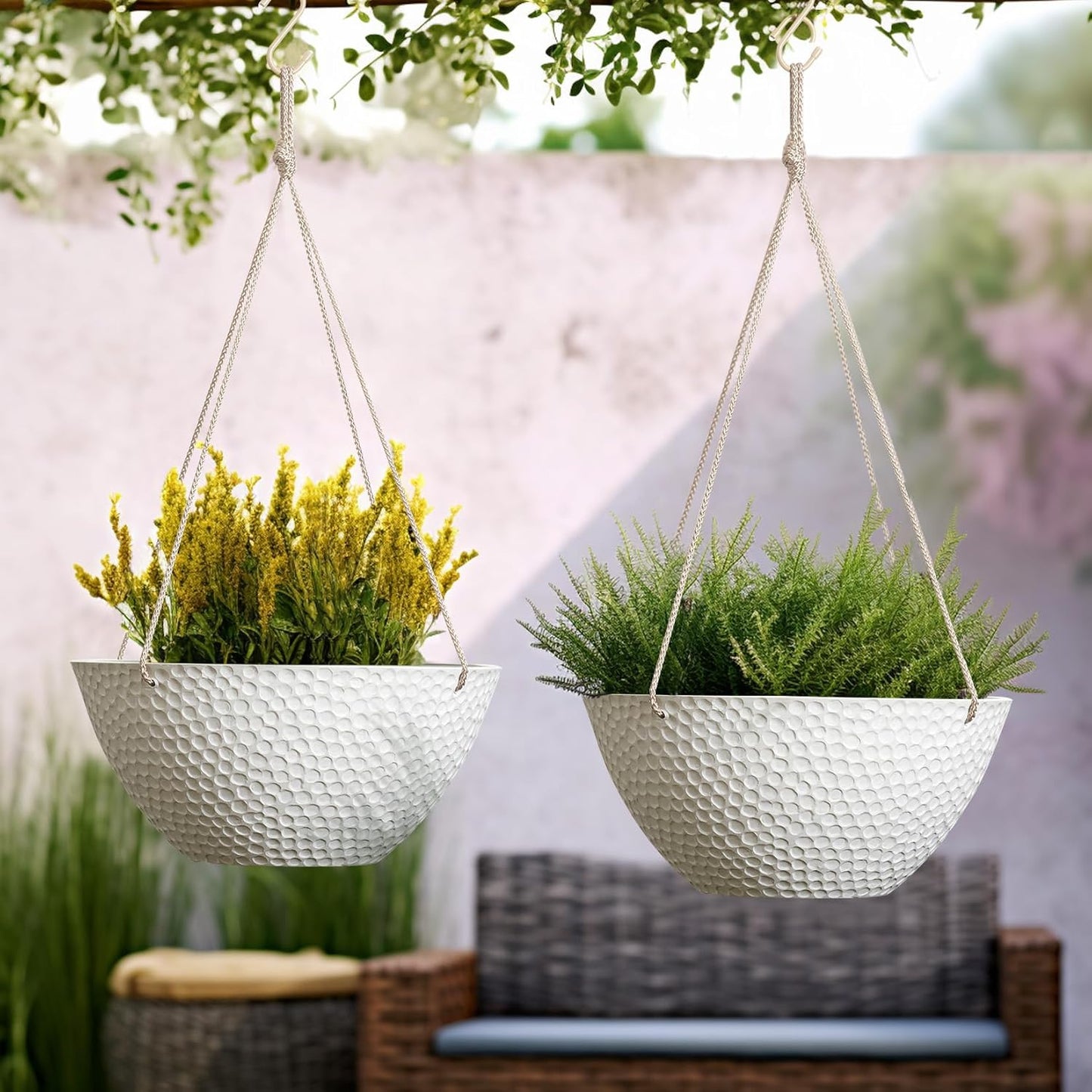 LA JOLIE MUSE Hanging Planters for Outdoor Plants, Large Hanging Planter with Drain Holes, Outdoor Hanging Flower Pots, White Stone, Honeycomb (13.2 Inch, Set of 2)