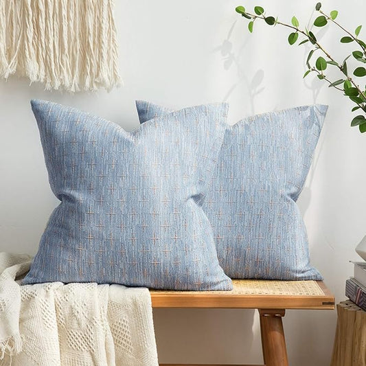 MIULEE Pack of 2 Decorative Burlap Linen Throw Pillow Covers Modern Farmhouse Pillowcase Rustic Woven Textured Cushion Cover for Sofa Couch Bed 20x20 Inch Light Blue