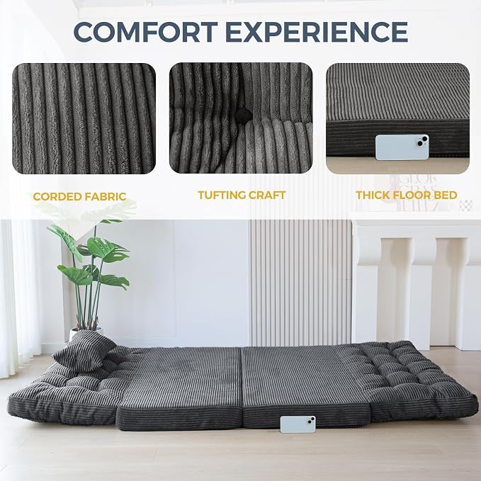 MAXYOYO Folding Sofa Bed, Tufted Bean Bag Bed with Pillows Floor Couch for Adults, Extra Thick and Long Floor Sofa, Twin Couch Bed for Bedroom Living Room, Dark Grey, 39x91 Inch