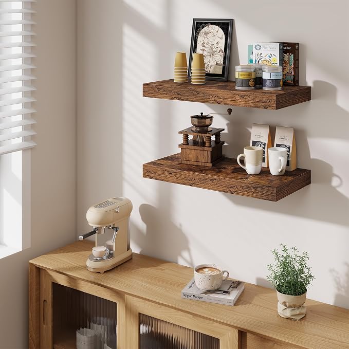 Fun Memories 24 Inch Floating Shelves Wall-Mounted, 12 Inch Deep Wall Shelves, 24 x 12 Floating Shelf, Deep Storage Shelf for Living Room Bathroom Bedroom, Rustic Brown, Set of 2