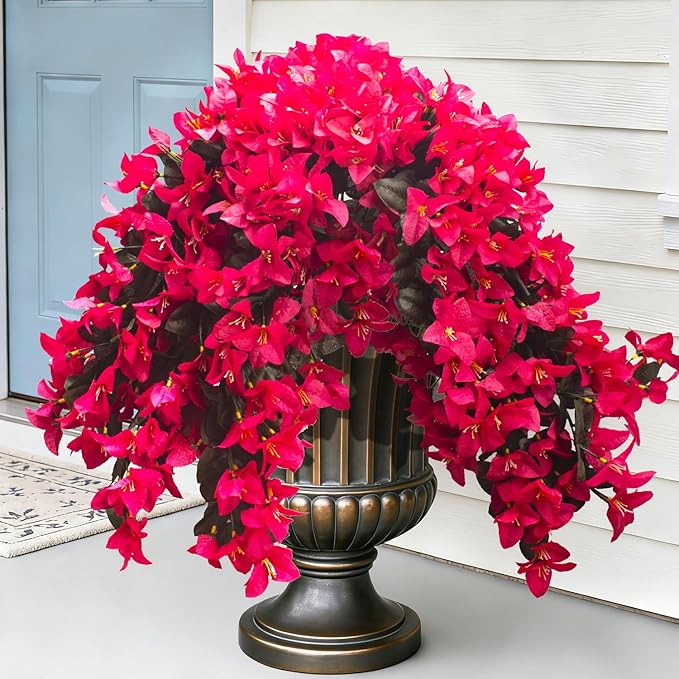 Grunyia Artificial Bougainvillea Flowers – 4 Pcs UV Resistant Fake Flowers with Silk Petals, Realistic Trailing Plants for Outdoor Indoor Wall Garden Home Wedding Decor (Hot Pink) (Rose Red)