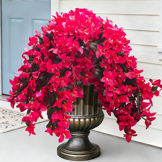 Grunyia Artificial Bougainvillea Flowers – 4 Pcs UV Resistant Fake Flowers with Silk Petals, Realistic Trailing Plants for Outdoor Indoor Wall Garden Home Wedding Decor (Hot Pink) (Rose Red)
