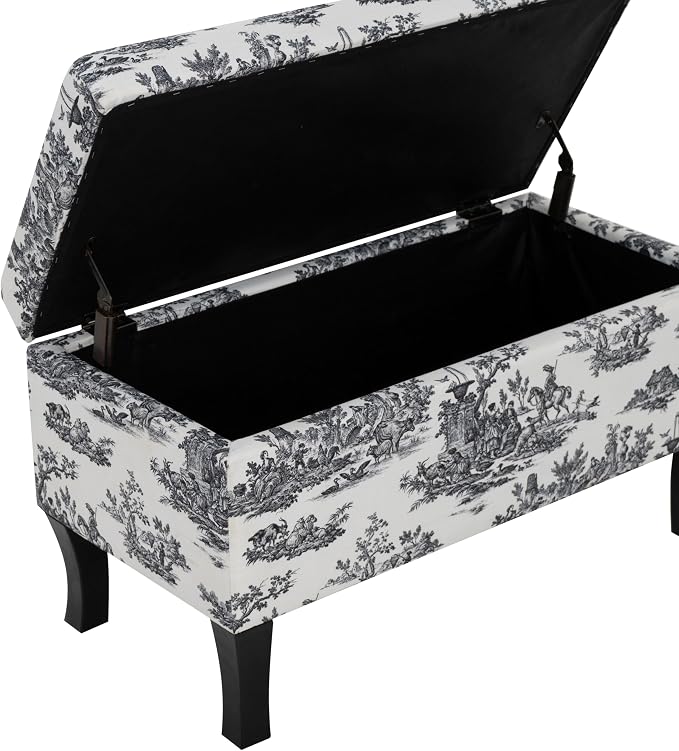Linon Stephanie Black and White Toile Fully Upholstered Bench with Hidden Interior Storage