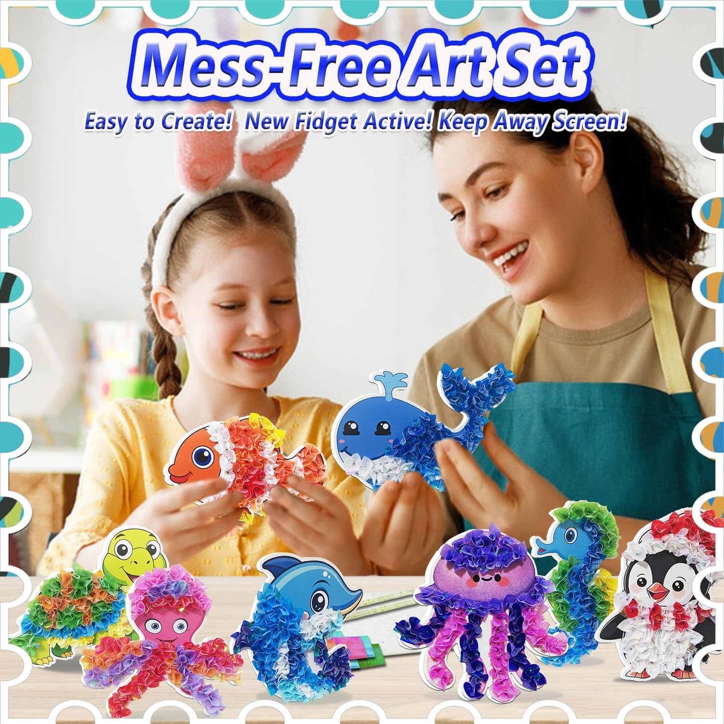 mom&myaboys Mess-Free Poke Art for Kids Ages 4-8 - Ocean Animals Craft Kit (8 Sea Creatures: Jellyfish, Dolphin, Turtle & More) | Beginner Sewing Toys for Toddlers | Creative Gift for Girls and Boys