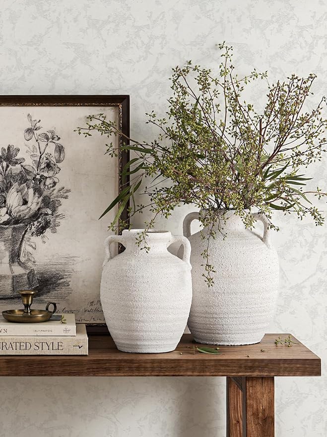 White Ceramic Vase with Handles, 9.5" Large Farmhouse Flower Vase - Rustic Centerpiece for Living Room, Bookshelf, Mantel, Entryway, Table & Wedding Home Decor (Rock Sand White)