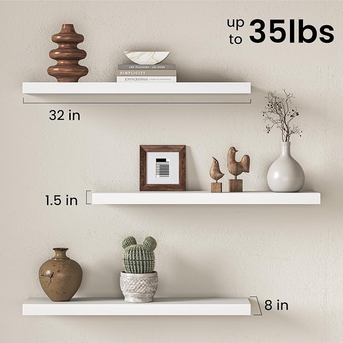 Fun Memories 32Inch Floating Shelves for Wall, 8 Inch Deep Shelves for Bathroom|Bedroom|Kitchen Wall Mounted, Wood Hanging Shelf with Invisible Brackets for Home Storage Decor, White - 2 Pack