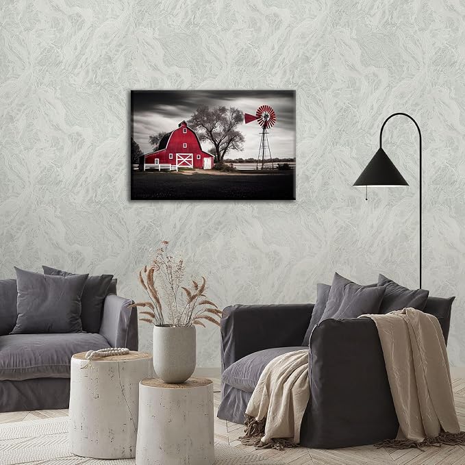 Black and White Barn Canvas Wall Art Farmhouse Nature Landscape Windmills Picture for Living Room Decoration Country Farm Red Barn Framed Painting Rustic Print Artwork Bedroom Modern Home Decor 20x30