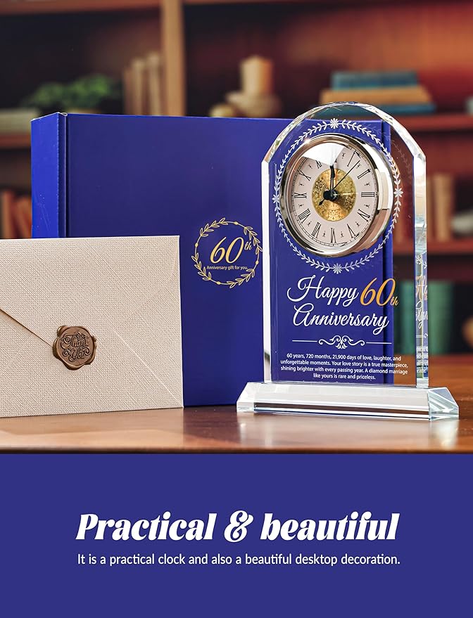 60th Wedding Anniversary Crystal Quartz Clock,60 Years of Marriage Gift,Happy Diamond Anniversary Decoration Gift,for Parents,Grandparents,Couple
