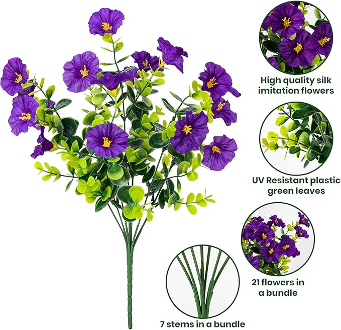 Nigirior Artificial Faux Flowers for Outdoor 16 Bundles Boxwood Fake Morning Glory for Planter,UV Resistant Fake Flowers for Home Porch Patio Outside（8 Color）