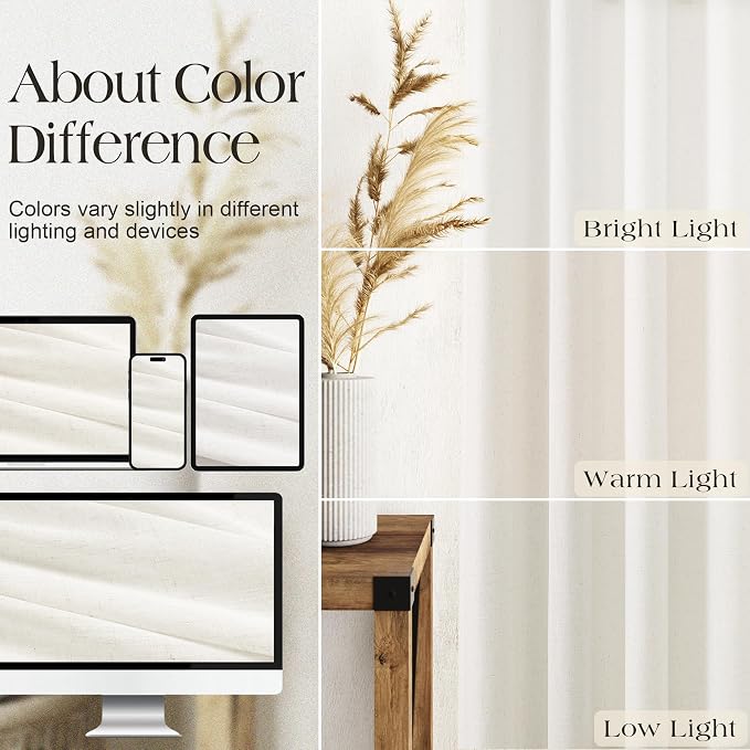 Extra Wide Cream Linen Grommet Curtains 90 Inches Length for Living Room Privacy 2 Panel Light Filtering Semi Sheer Window Drapes Neutral Rustic Farmhouse Decor Dining Room Drapes 70x90 Natural Ivory