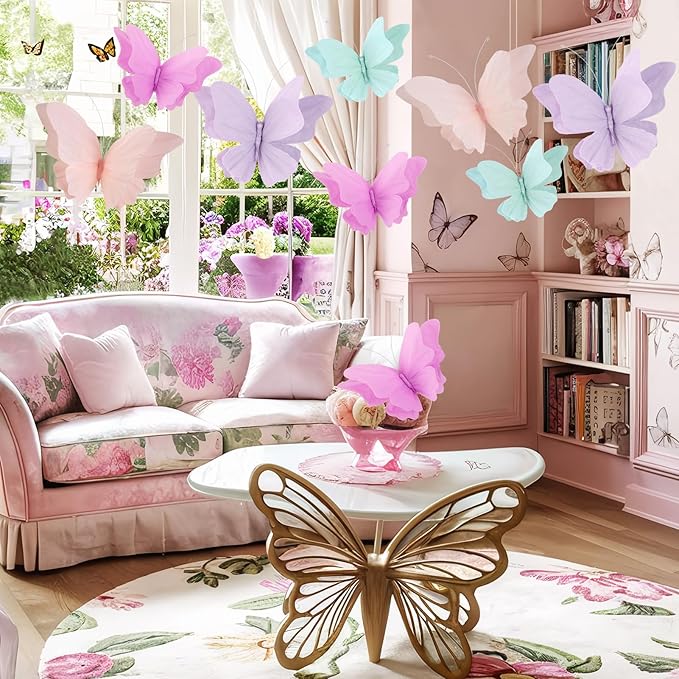 3D Hanging Butterfly Decorations, 8 Pcs Butterfly Birthday Party Decorations, Crepe Paper Butterfly Hanging Decorations for Girls, Women, Flower Garden Party Decorations