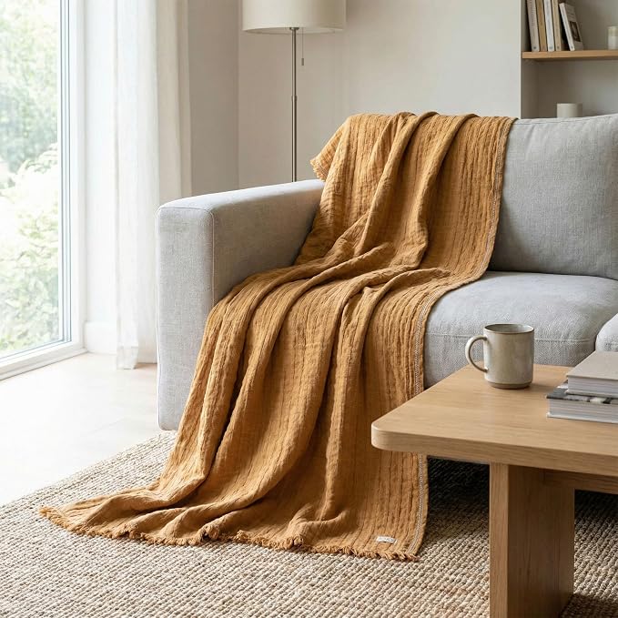 Frig Waffle Throw Blanket with Tassels - 50x66 Inch - 100% Turkish Cotton Tencel Breathable Blend Lightweight Blanket for Couch, Sofa, Bed