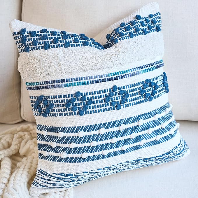 DEZENE Handmade Decorative Pillow Cover Boho Accent Woven Textured Square Throw Pillow Case for Couch Sofa Farmhouse Living Room Home Decor 18"x18" Navy Blue