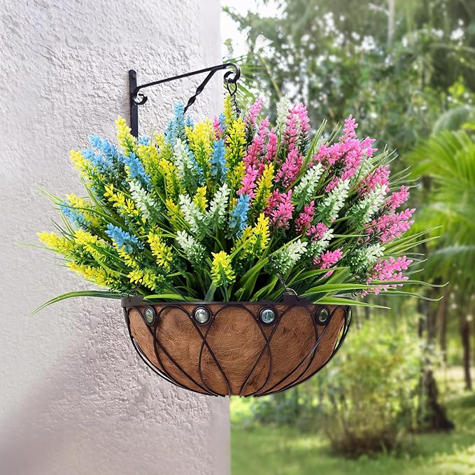 Geegoods Artificial Plants Flowers Outdoor – 24 Bundles UV Resistant Faux Lavender Flowers with Monkey Grass for Garden Porch Window Patio Hanging Planter Decor