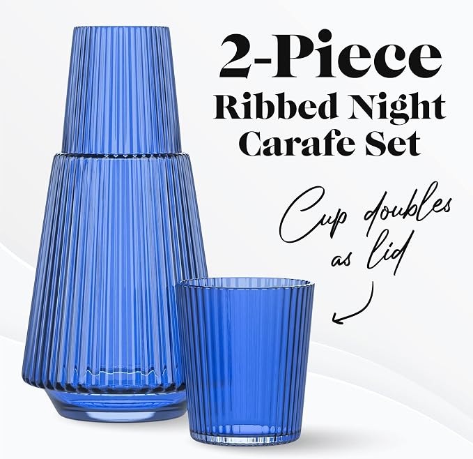 American Atelier 37 oz Vintage Bedside Water Carafe with Tumbler Lid – 9.25" Ribbed Glass Pitcher for Nightstand, Guest Room, Office, Functional & Stylish Drinkware for Daily Use (Blue)