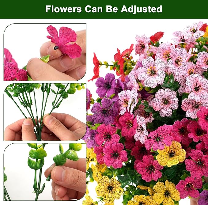 Artificial Violet Flowers Outdoor UV Resistant, 16-Stem Multi Pack Faux Purple Blooms for Front Porch, Patio, Garden & Large Planters, Fade Resistant Silk Fake Flowers (16, Mix Colors)