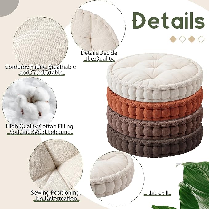 Jerify 4 Pcs Floor Pillow Cushions Large Round Square Large Meditation Floor Pillow for Classroom Adult Meditation Picnic Party Seating Learning Daycare School (Round,Brown Tones)