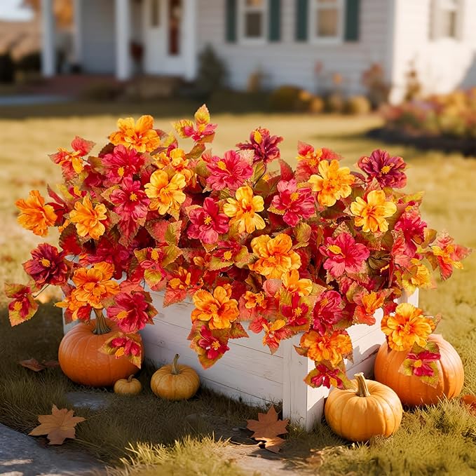 INXUGAO Fall Flowers Artificial for Outdoors Decoration, 2PCS Fake Fall Flowers for Outdoor Planters, Autumn Faux Hibiscus UV Resistant No Fade for Home Porch Patio Garden Balcony Yard Indoor Decor