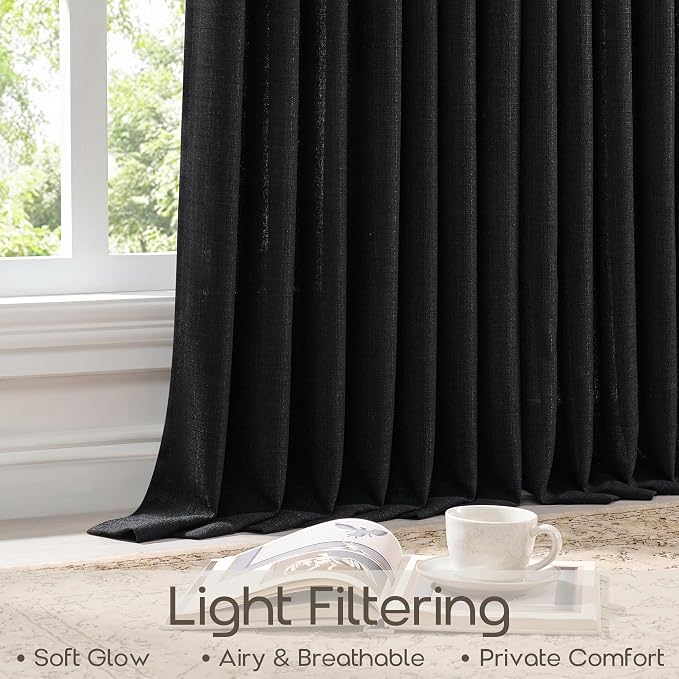 Black Pinch Pleated Linen Curtains 102 Inches Long 2 Panels Modern Light Filtering Sheer Thick Linen Drapes with Back Tab Living Dining Room Bedroom Semi Sheer Pinch Pleat Long Window Curtains 40x102