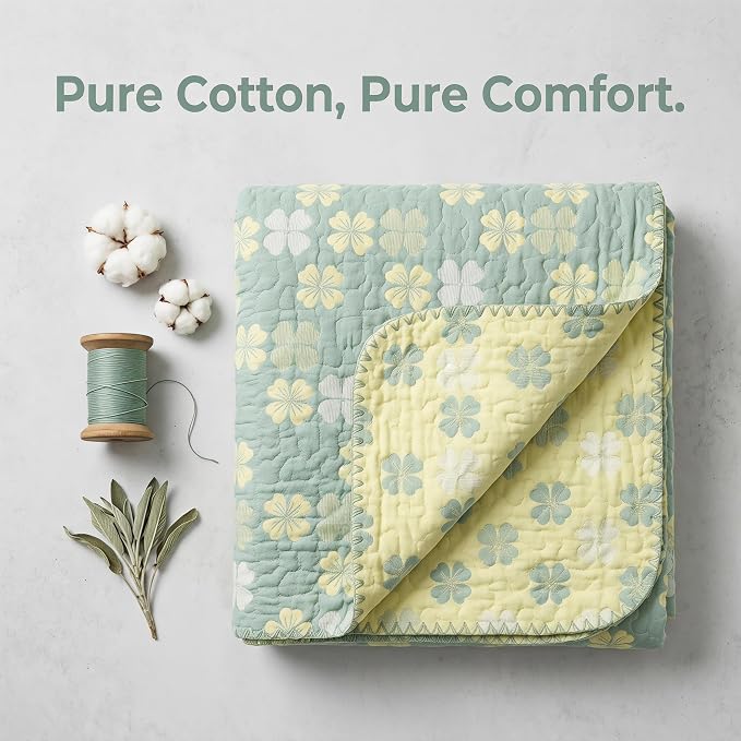 NIDITW Checkerboard Cotton Muslin Throw Blanket for Couch 6-Layer Checkered Gauze Blanket Soft Breathable All Season for Couch Bed Sofa (Four-Leaf Clover, Full)