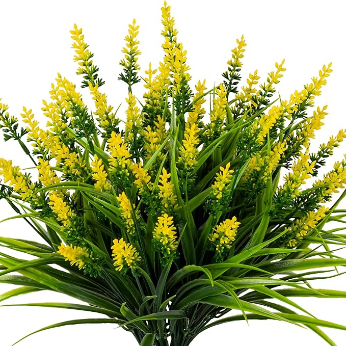 Nigirior Artificial Flowers for Outdoor Plants 24 Bundles Fake Lavender Plastic Faux Monkey Grass for Verandah Window Garden Office Patio Front Porch UV Resistant for Planter(Yellow)