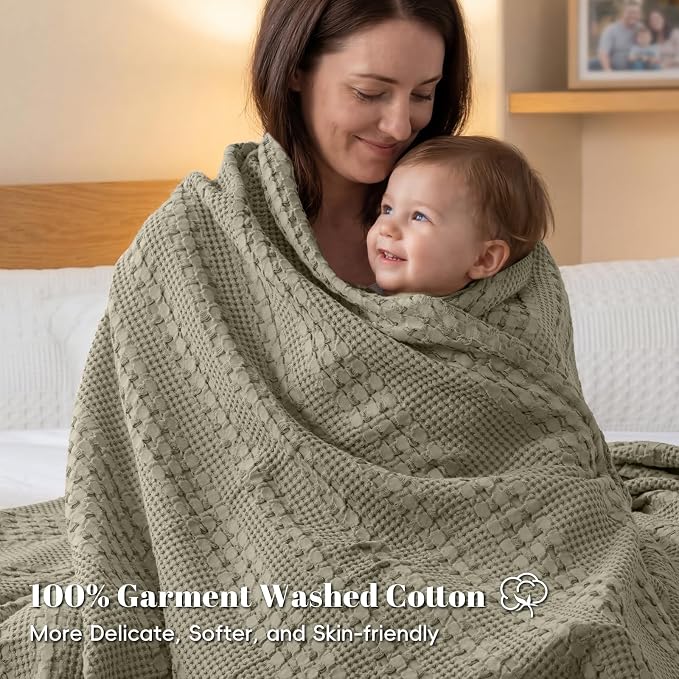PHF 100% Cotton Waffle Blanket King Size for Bed, Lightweight Breathable and Soft for Summer, Luxury Aesthetic Waffle Weave Blanket for Home Decor & Gifts for Women, 108"x90", Dusty Sage