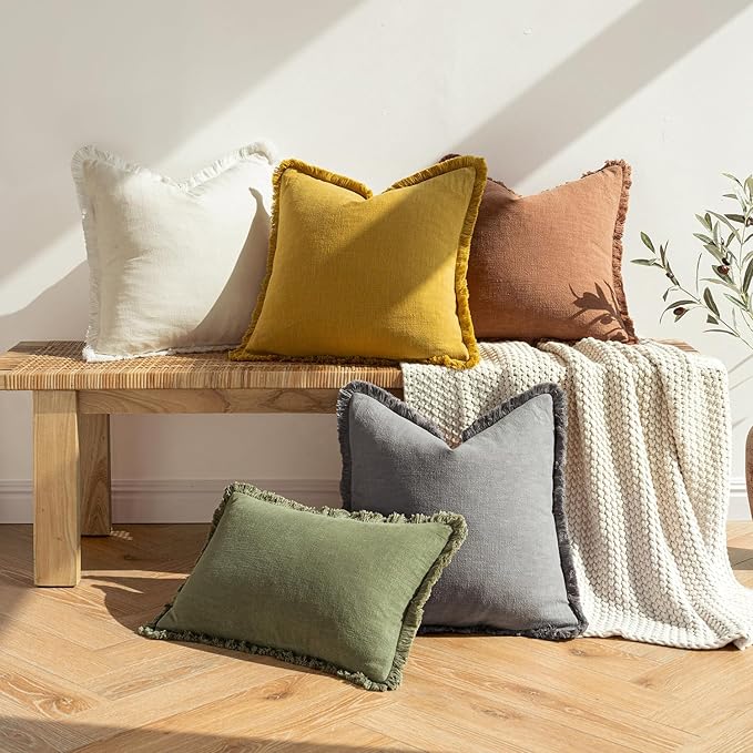 MIULEE Decorative Lumbar Throw Pillow Covers Neutral Linen Fringe Throw Pillows Set of 2 Mustard Yellow Boho Farmhouse Cushion Covers for Couch Sofa Bed Living Room Spring Home Decor 12x20 Inch