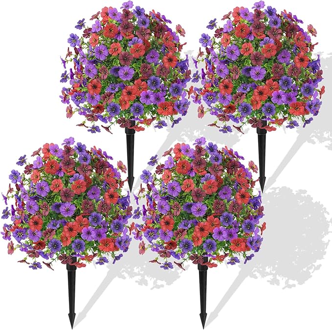 Alupssuc 4Pcs 20" Artificial Topiary Ball Flowers, Spring Outdoor Decoration with Spike, UV Resistant Faux Summer Plants, Fake Bushes Plants, Mix 4 Colors for Garden, Porch & Patio Decor