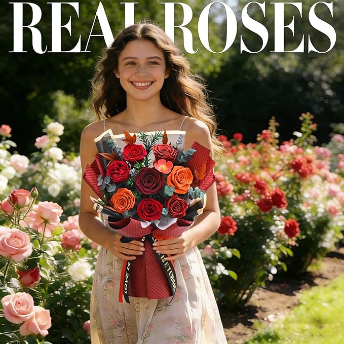 Forever Rose Flowers for Delivery, 8-Piece Preserved Roses Bouquet Birthday Gifts for Women, Long Lasting Red Roses with Gift Box for Mom, Forever Flowers with Vase for Her Wife Girlfriend