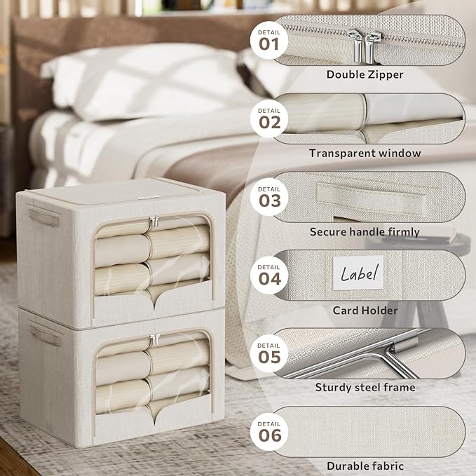 FHSQX 3 Pack Clothes Storage Bins - Foldable Metal Frame Storage Box - Stackable Linen Fabric Container Organizer Set with Carrying Handles and Clear Window (Beige, 15.7x11.8x7.8inch(22L))