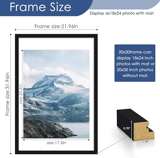 PEALSN 20x30 Picture Frame Set of 6, Display Pictures 18 x 24 with Mat or 20 x 30 without Mat for Wall Mounting or Table Top Display, Poster Frames Collage for Wall Decor, Black.