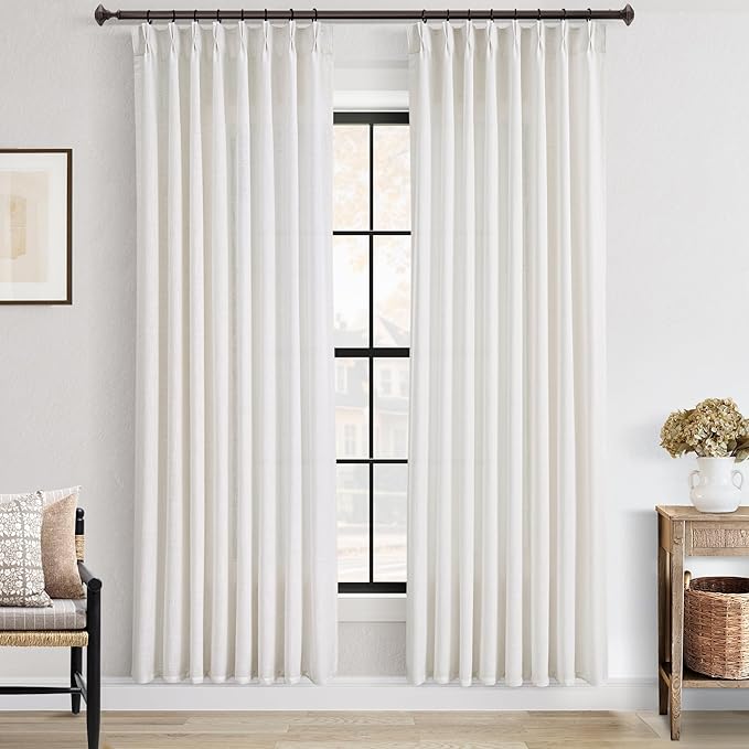 Pinch Pleated Linen Curtains 78 inches Long for Living Room Memory Training Shaped Natural Cream Light Filtering Semi Sheer Curtains 78 inch Length 2 Panel Set Modern Farmhouse Pinch Pleat Drapes