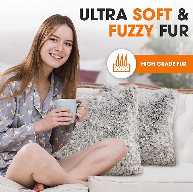 Cheer Collection Throw Pillows for Couch and Bed, Soft Shaggy Throw Pillows with Inserts Included, Cozy Long Hair Faux Fur Pillows - Set of 2-26" x 26" Gray