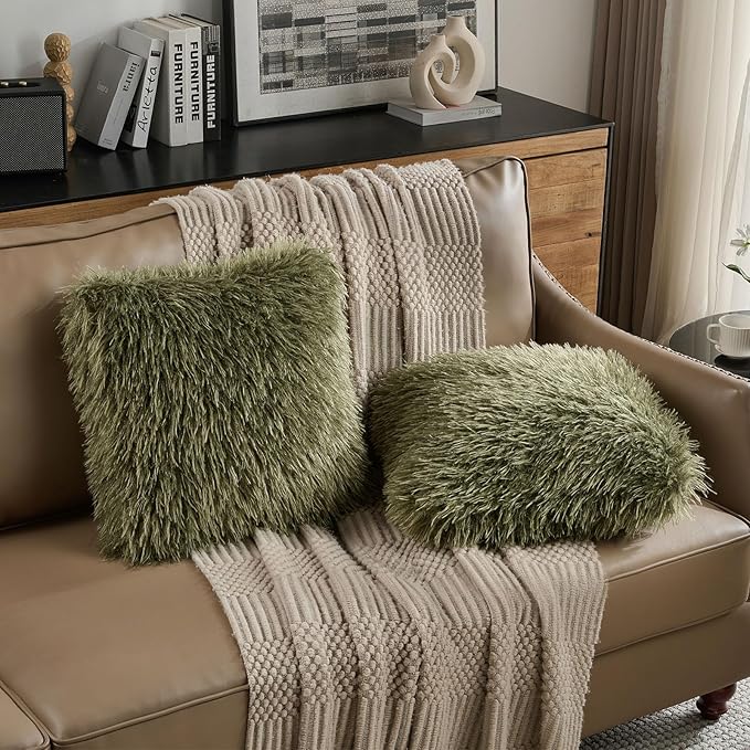 FUTEI Pack of 2 Shaggy Mongolian Faux Wool Throw Pillow Covers 18x18 Inch Soft Decorative Cushion Case for Couch Bed Living Room, Olive Green