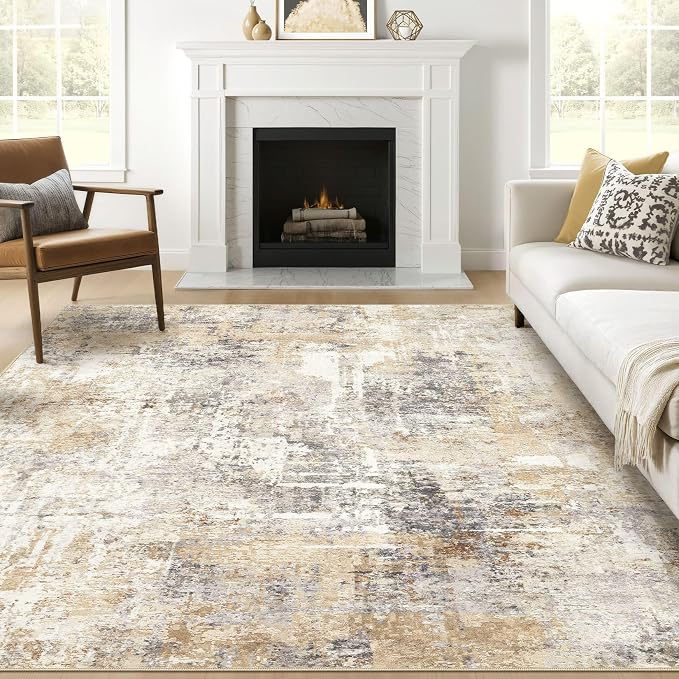 Square Rug 8x8 Living Room: Large Washable Abstract Modern Soft Area Rug Stain Resistant Indoor Floor Non-Slip Accent Carpet for Bedroom Nursery Playroom Dining Room Office Dorm Home Decor- Gray Gold