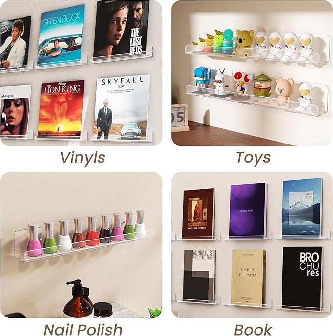 Gotega 8 Pack Vinyl Record Shelf Wall Mount, 12 inch Album Record Holder Display, Clear Acrylic Floating Shelves for Wall, Suitable for Bedroom, Living Room, Magazine Shelf, Kids Bookshelf, etc