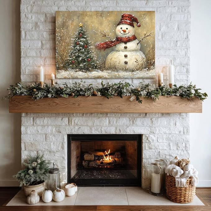 Vintage Christmas Wall Decor Christmas Tree Snowman Wall Art Pine Trees Botanical Snow Scene Winter Landscape Picture for Living Room Entryway Cabin Home Decoration Xmas Festival Holiday Artwork 20x30