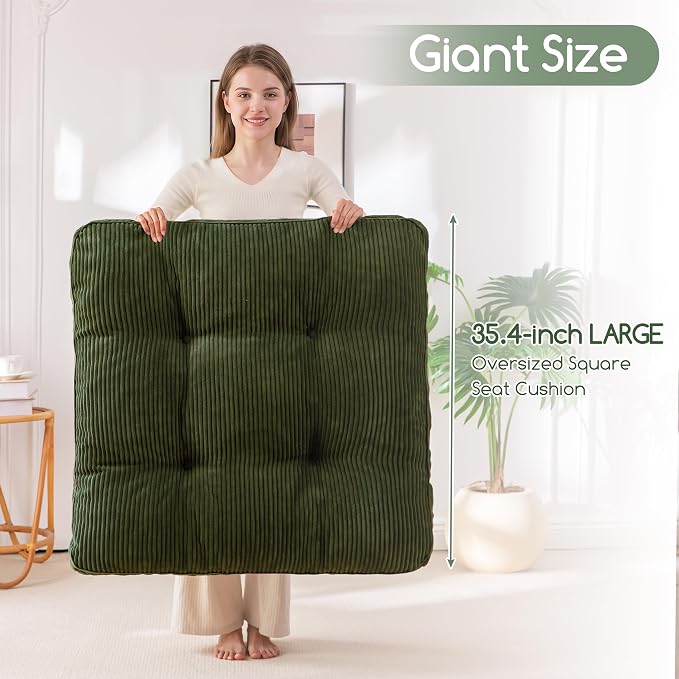 HIGOGOGO 35" Floor Pillow Cushion for Adults, Meditation Cushion Pillow, Extra Large Square Floor Sitting, Tufted Corduroy Cover for Tatami Living Room or Yoga, Dark Green
