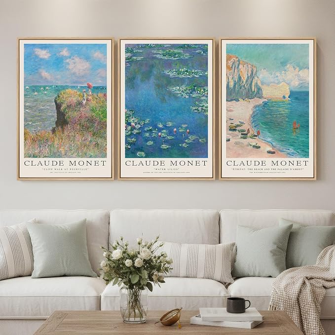 3 Piece Framed Monet Canvas Wall Art for Living Room, Large Impressionist Lake Landscape Prints Painting, Vintage Classic Picture Artwork Decor for Bedroom Dining Room 16x24 Inch