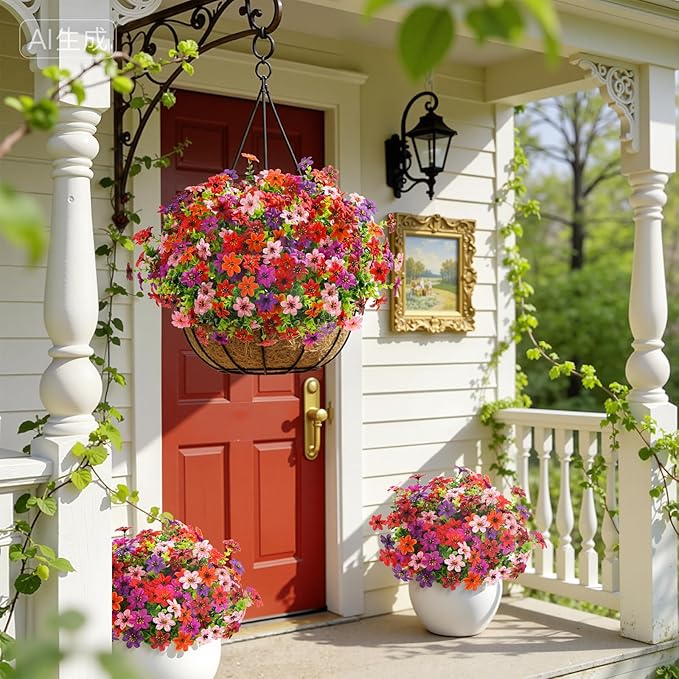 SHareconn 24 Bundles Artificial Flowers for Outdoor Spring Decorations, Realistic Fake Silk Plants UV-Resistant for Outdoor Planters,RedBrownPurpleDeepPurpleOrangePink