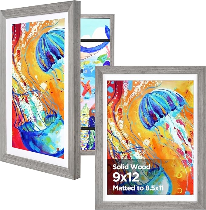 KINLINK 9x12 Kids Art Frame Set of 2, Solid Wood Kids Artwork Frames Changeable with Front Opening Hold 150 Pictures, Art Frames for Kids Art with Mat，without Mat 9x12 Picture Frame Grey